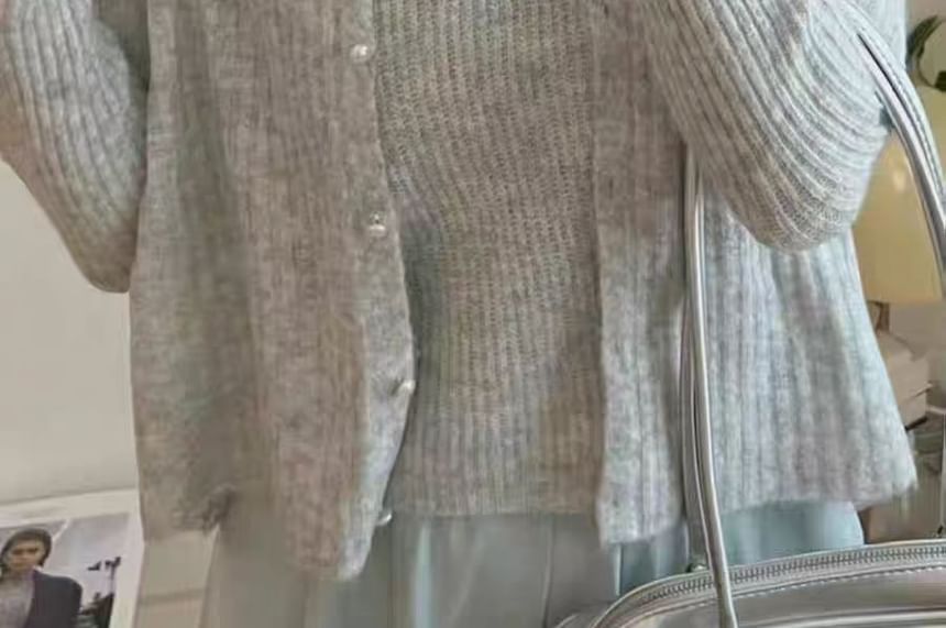 Set: Spaghetti Strap Lace Knit Cami Top + Faux Pearl Button Up Cardigan
