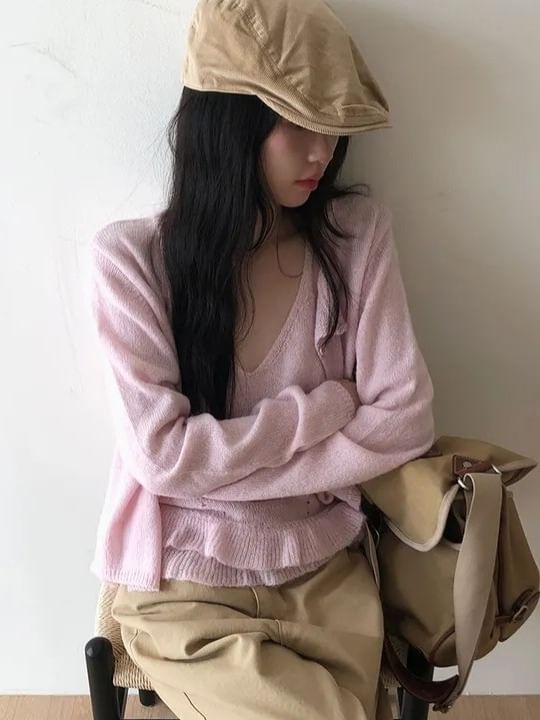 Set: Scoop Neck Knit Camisole Top + Ruffle Trim Cardigan