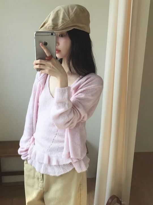 Set: Scoop Neck Knit Camisole Top + Ruffle Trim Cardigan