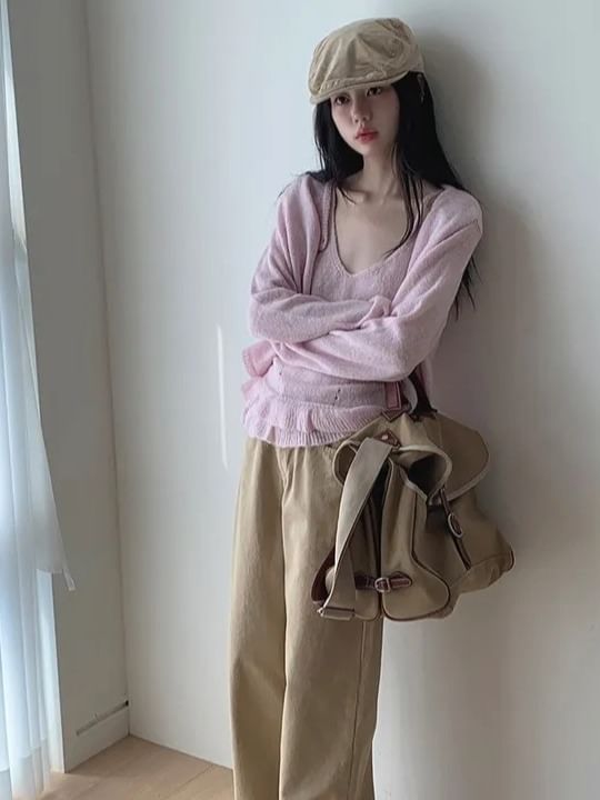 Set: Scoop Neck Knit Camisole Top + Ruffle Trim Cardigan