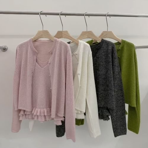 Set: Scoop Neck Knit Camisole Top + Ruffle Trim Cardigan