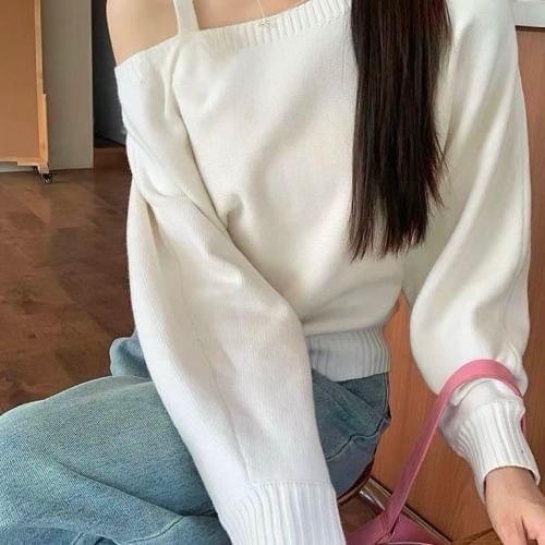 Cold Shoulder Plain Knit Pullover Sweater