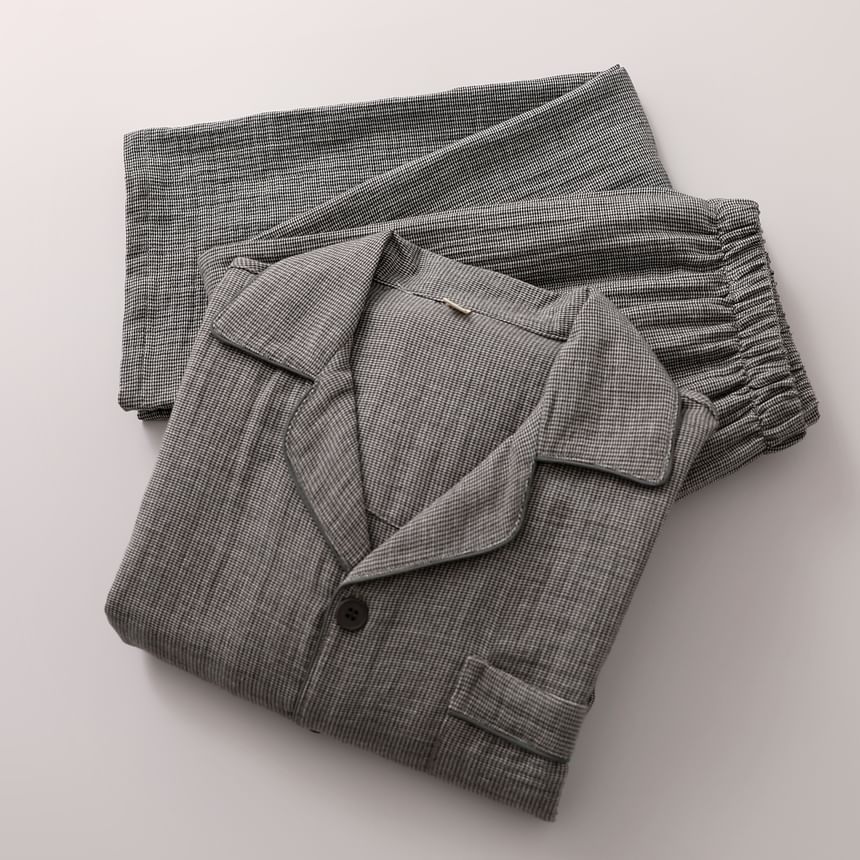 Couple Matching Pajama Set: Long-Sleeve Collared Top + Pants (Various Designs)