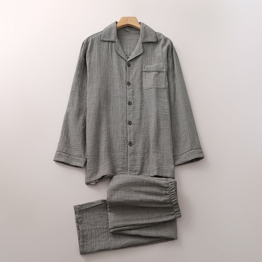 Couple Matching Pajama Set: Long-Sleeve Collared Top + Pants (Various Designs)