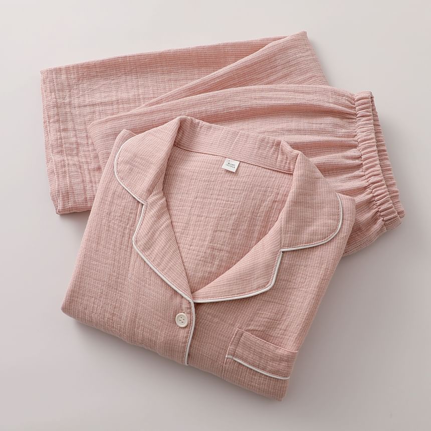 Couple Matching Pajama Set: Long-Sleeve Collared Top + Pants (Various Designs)