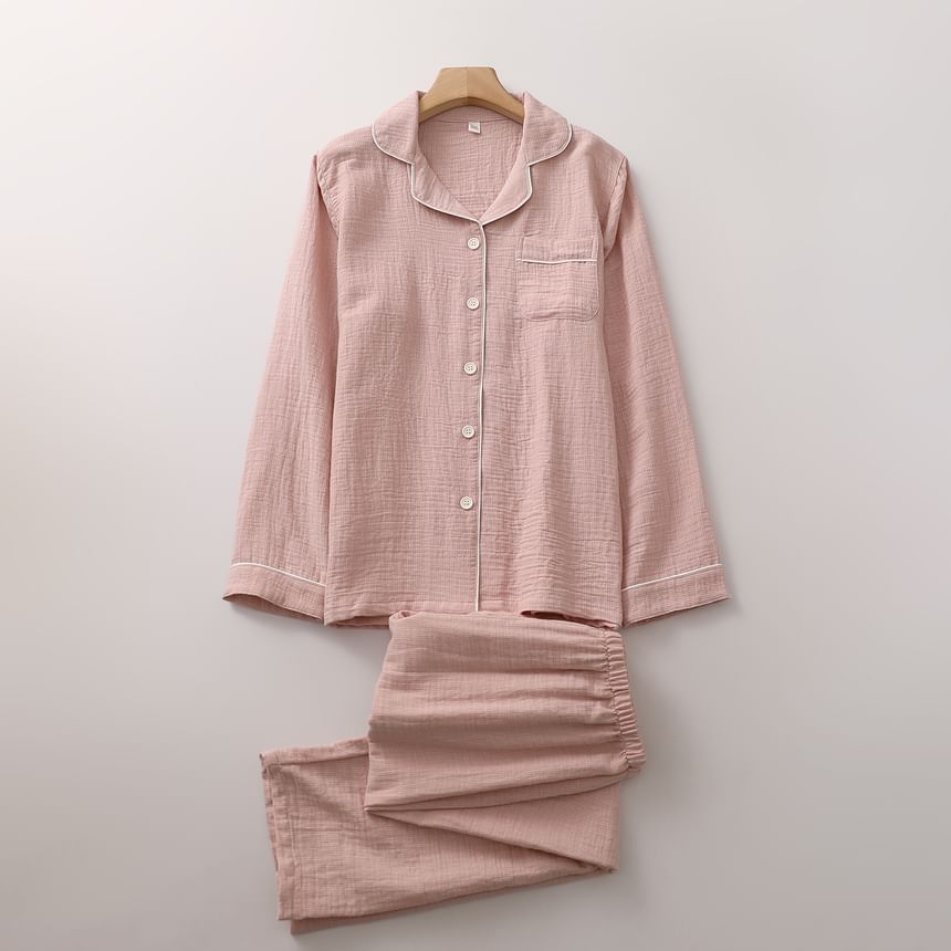 Couple Matching Pajama Set: Long-Sleeve Collared Top + Pants (Various Designs)