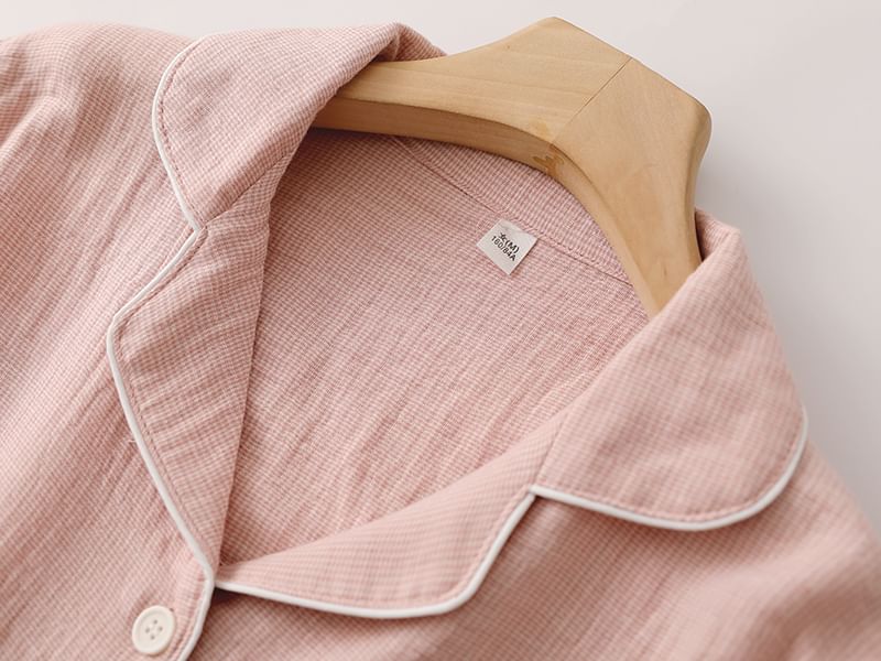 Couple Matching Pajama Set: Long-Sleeve Collared Top + Pants (Various Designs)