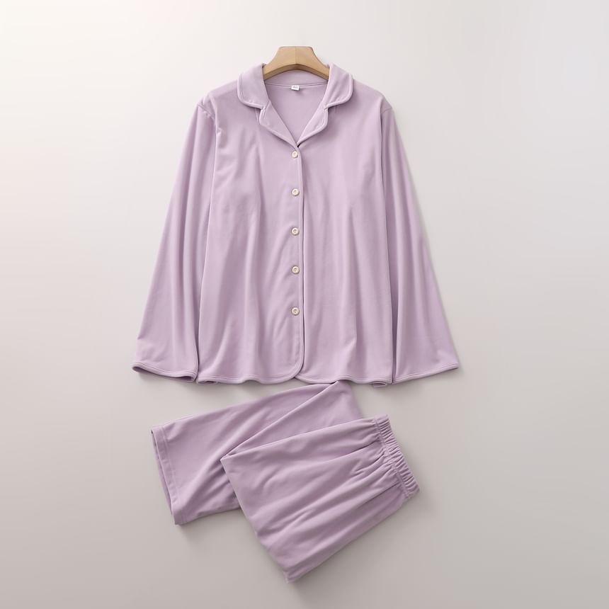 Couple Matching Pajama Set: Long-Sleeve Plain Top + Pants (Various Designs)