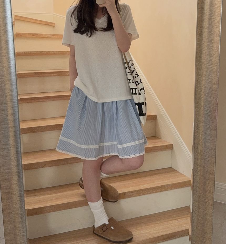 Striped Lace Trim A-Line Skirt with Elastic Waist