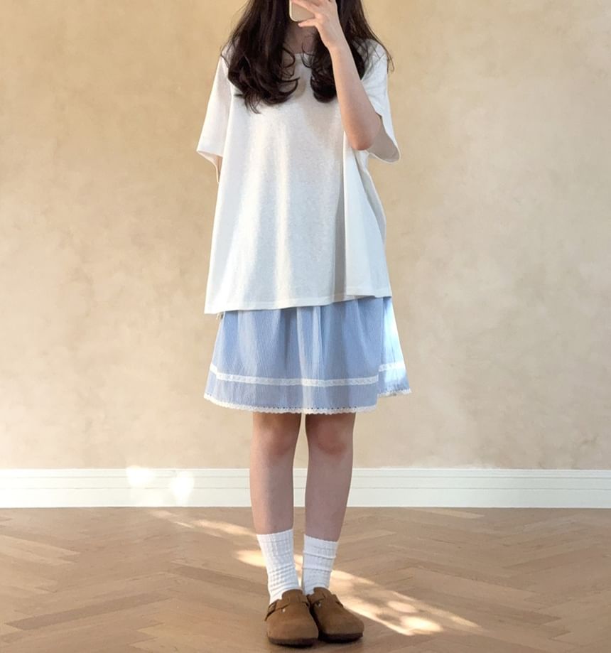Striped Lace Trim A-Line Skirt with Elastic Waist