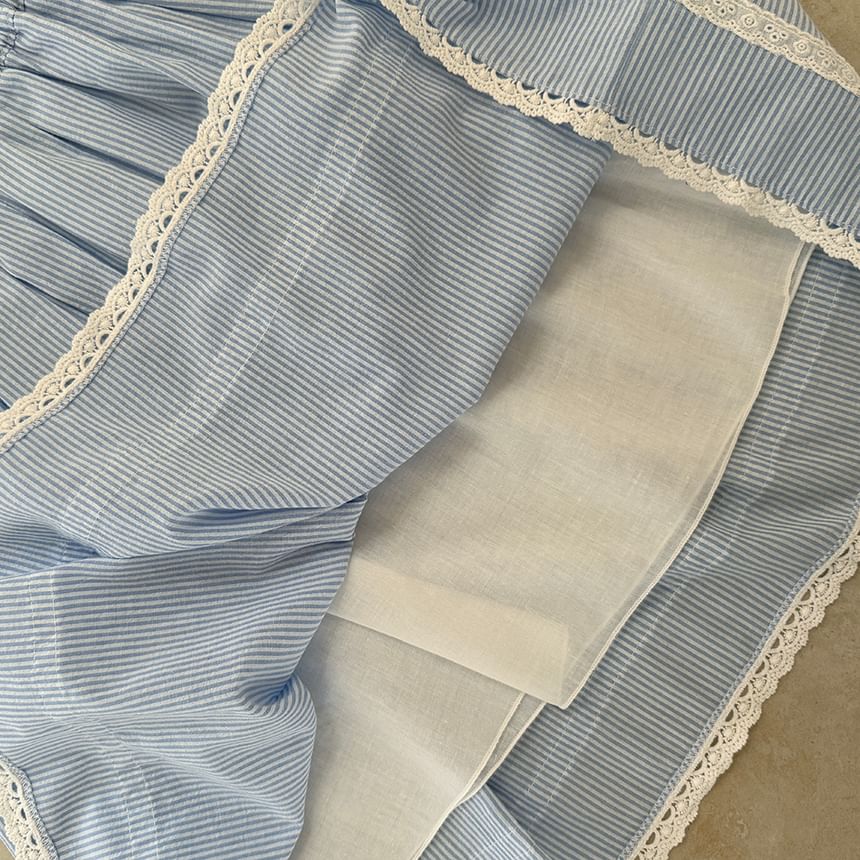 Striped Lace Trim A-Line Skirt with Elastic Waist