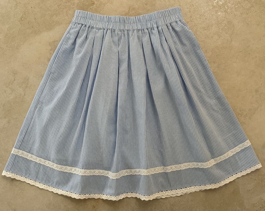 Striped Lace Trim A-Line Skirt with Elastic Waist
