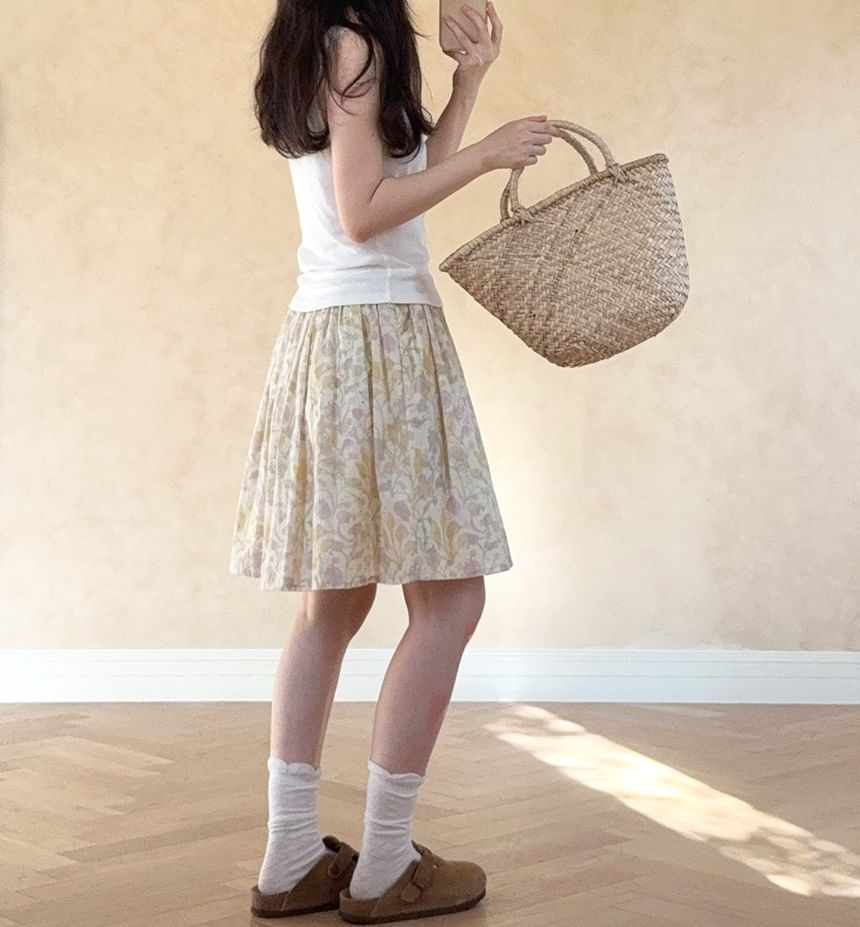 Floral A-Line Skirt with Elastic Waist