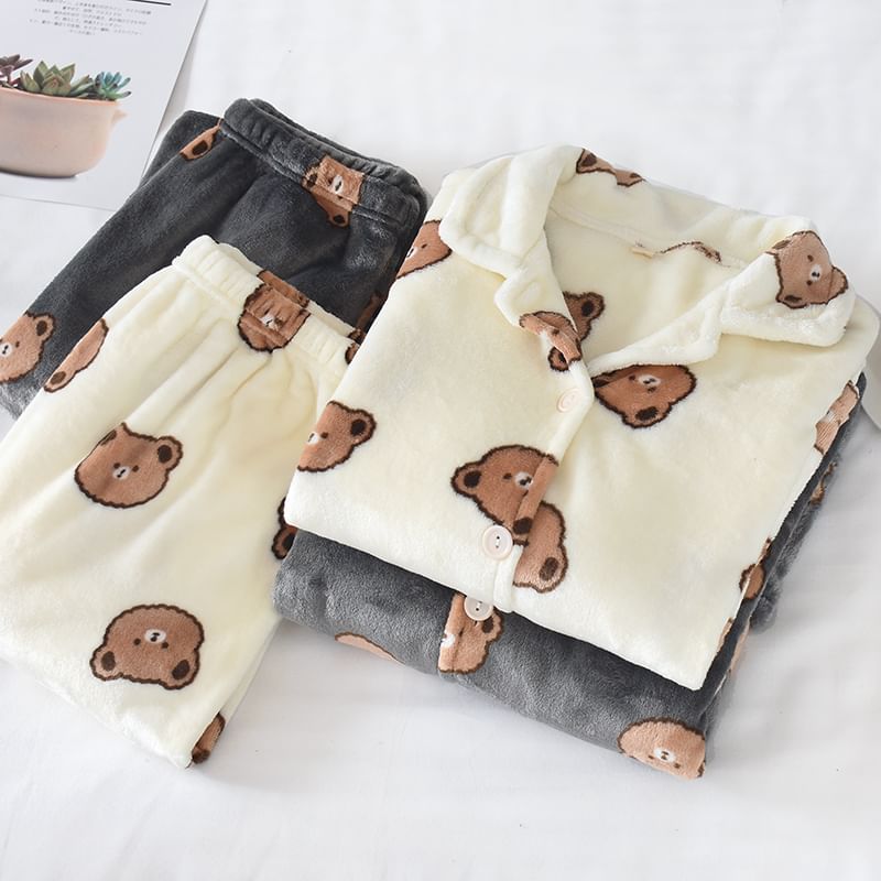 Couple Matching Pajama Set: Long-Sleeve Lapel Collar Bear Print Flannel Button Top + Pants (Various Designs)