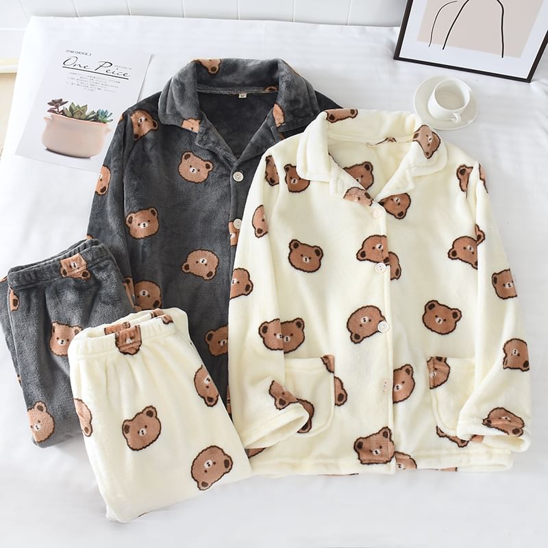 Couple Matching Pajama Set: Long-Sleeve Lapel Collar Bear Print Flannel Button Top + Pants (Various Designs)