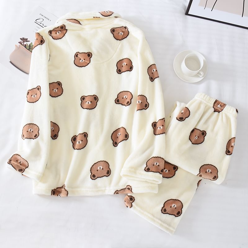 Couple Matching Pajama Set: Long-Sleeve Lapel Collar Bear Print Flannel Button Top + Pants (Various Designs)