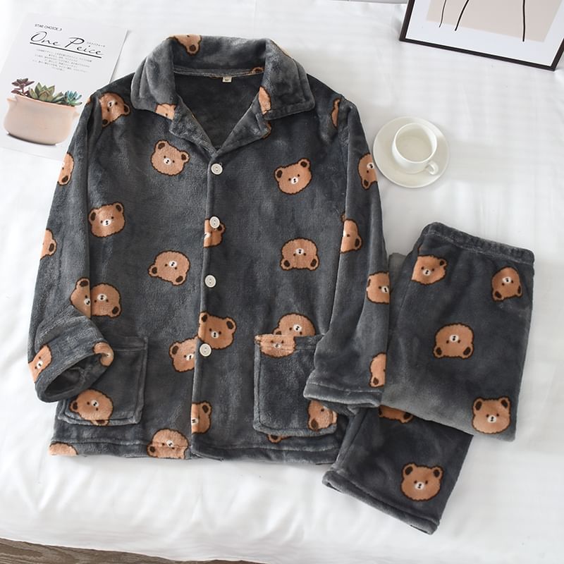 Couple Matching Pajama Set: Long-Sleeve Lapel Collar Bear Print Flannel Button Top + Pants (Various Designs)