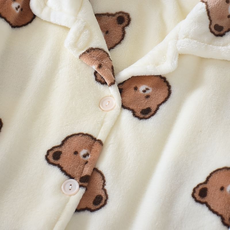 Couple Matching Pajama Set: Long-Sleeve Lapel Collar Bear Print Flannel Button Top + Pants (Various Designs)
