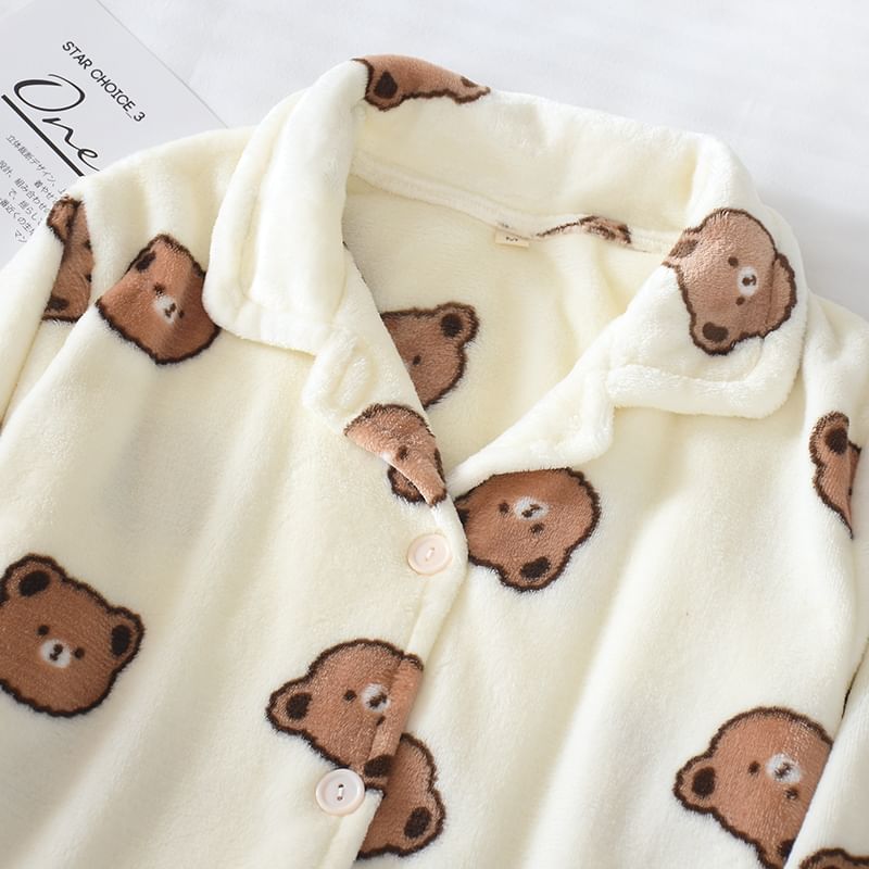 Couple Matching Pajama Set: Long-Sleeve Lapel Collar Bear Print Flannel Button Top + Pants (Various Designs)