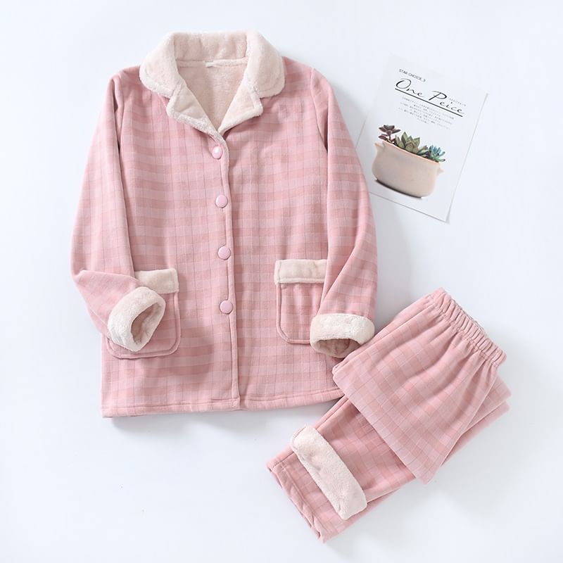 Couple Matching Pajama Set: Long-Sleeve Lapel Collar Plaid Fleece Button Top + Pants (Various Designs)