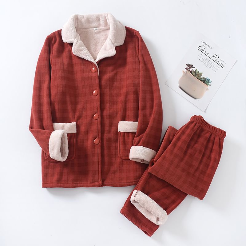 Couple Matching Pajama Set: Long-Sleeve Lapel Collar Plaid Fleece Button Top + Pants (Various Designs)