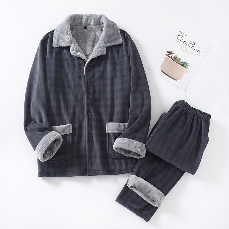 Couple Matching Pajama Set: Long-Sleeve Lapel Collar Plaid Fleece Button Top + Pants (Various Designs)