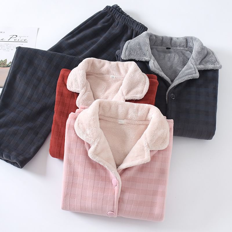 Couple Matching Pajama Set: Long-Sleeve Lapel Collar Plaid Fleece Button Top + Pants (Various Designs)