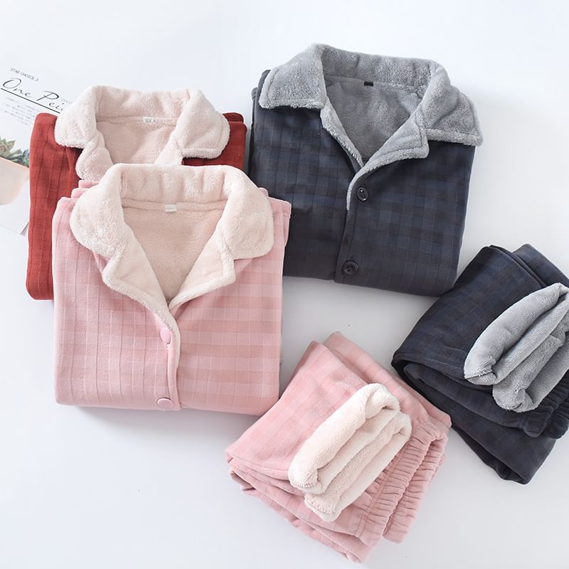 Couple Matching Pajama Set: Long-Sleeve Lapel Collar Plaid Fleece Button Top + Pants (Various Designs)