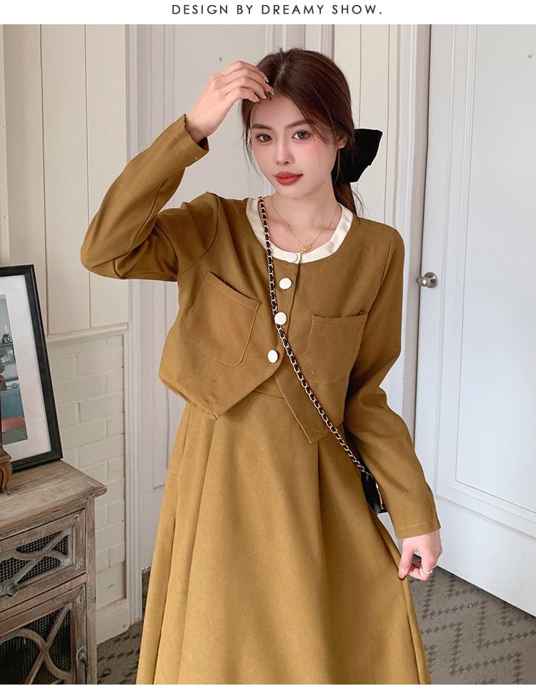 Two-Tone Buttoned Corduroy Top and Spaghetti Strap Midi A-Line Dress Set