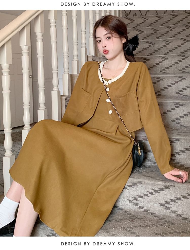 Two-Tone Buttoned Corduroy Top and Spaghetti Strap Midi A-Line Dress Set