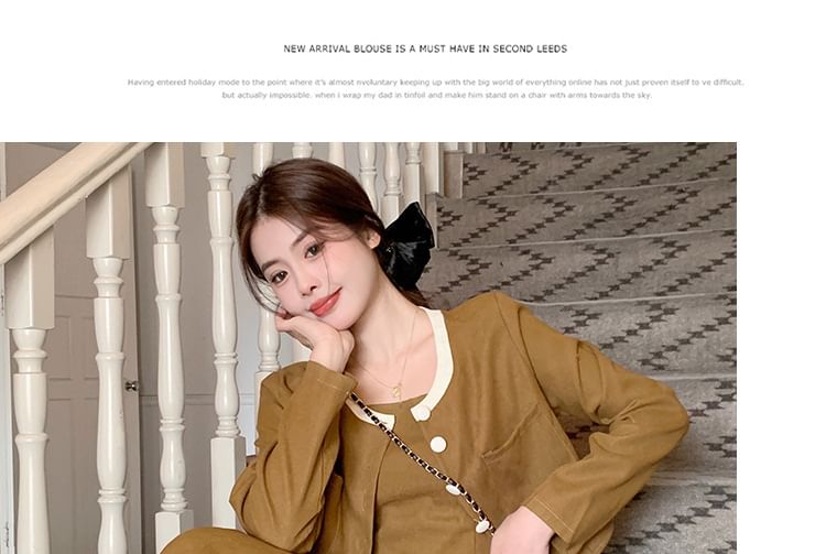Two-Tone Buttoned Corduroy Top and Spaghetti Strap Midi A-Line Dress Set