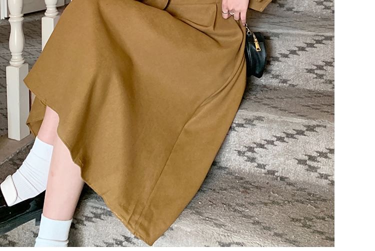 Two-Tone Buttoned Corduroy Top and Spaghetti Strap Midi A-Line Dress Set