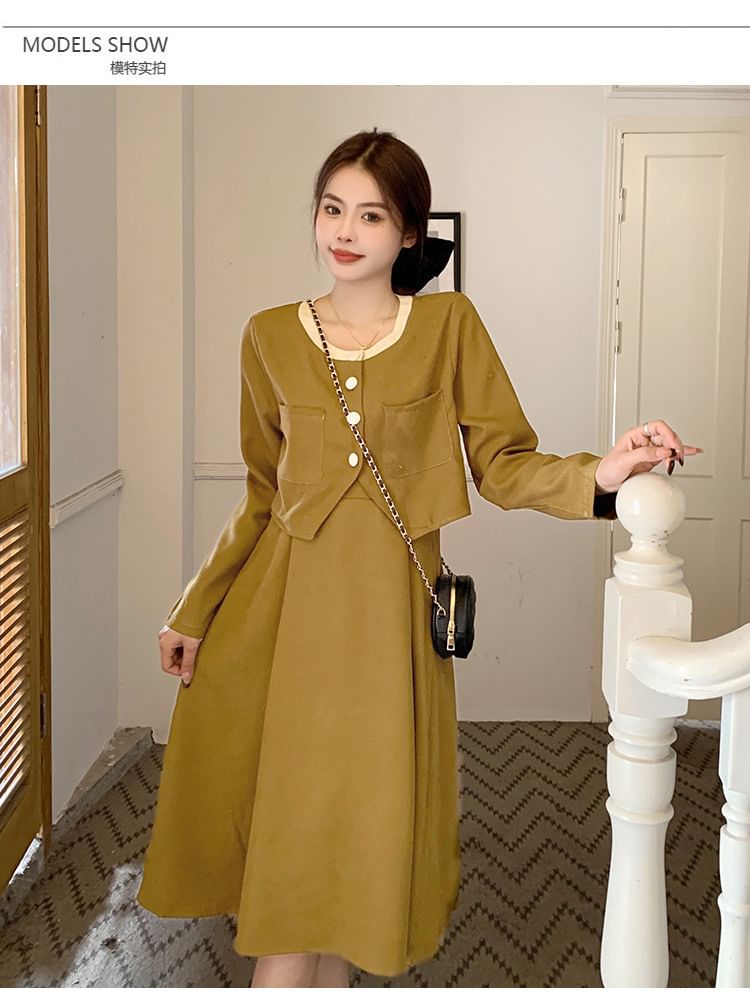 Two-Tone Buttoned Corduroy Top and Spaghetti Strap Midi A-Line Dress Set