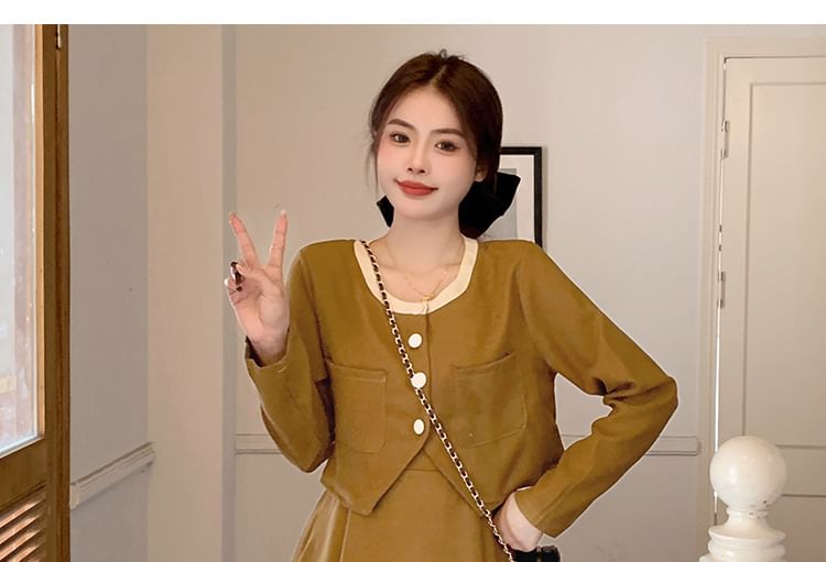 Two-Tone Buttoned Corduroy Top and Spaghetti Strap Midi A-Line Dress Set