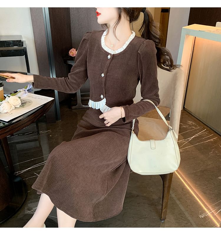 Ruffled Buttoned Corduroy Top and High Waist Midi A-Line Skirt Matching Set