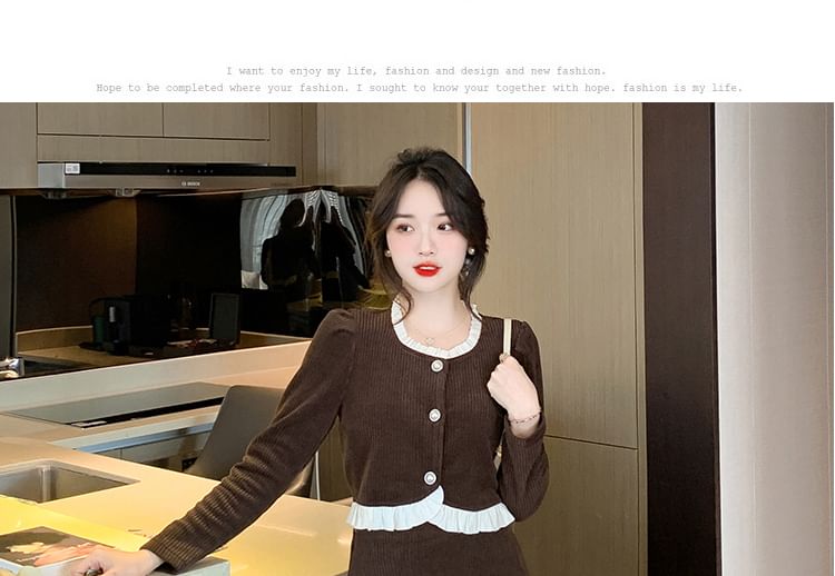 Ruffled Buttoned Corduroy Top and High Waist Midi A-Line Skirt Matching Set