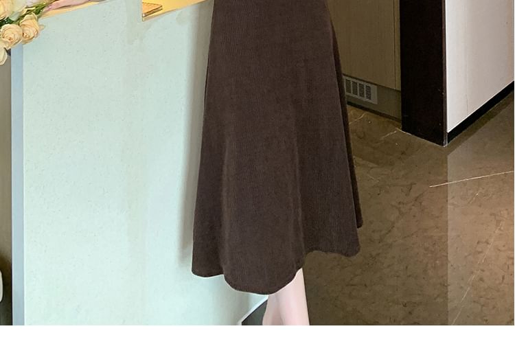 Ruffled Buttoned Corduroy Top and High Waist Midi A-Line Skirt Matching Set