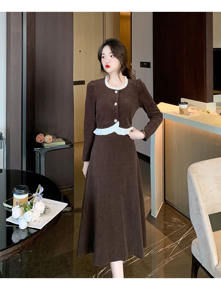 Ruffled Buttoned Corduroy Top and High Waist Midi A-Line Skirt Matching Set