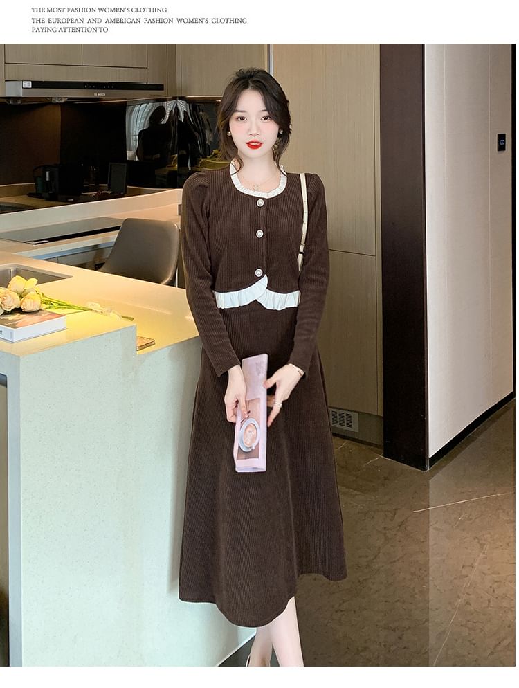Ruffled Buttoned Corduroy Top and High Waist Midi A-Line Skirt Matching Set