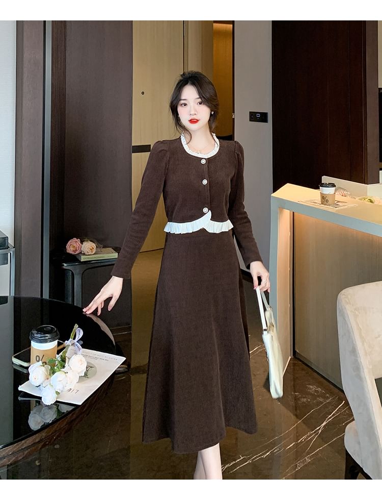 Ruffled Buttoned Corduroy Top and High Waist Midi A-Line Skirt Matching Set