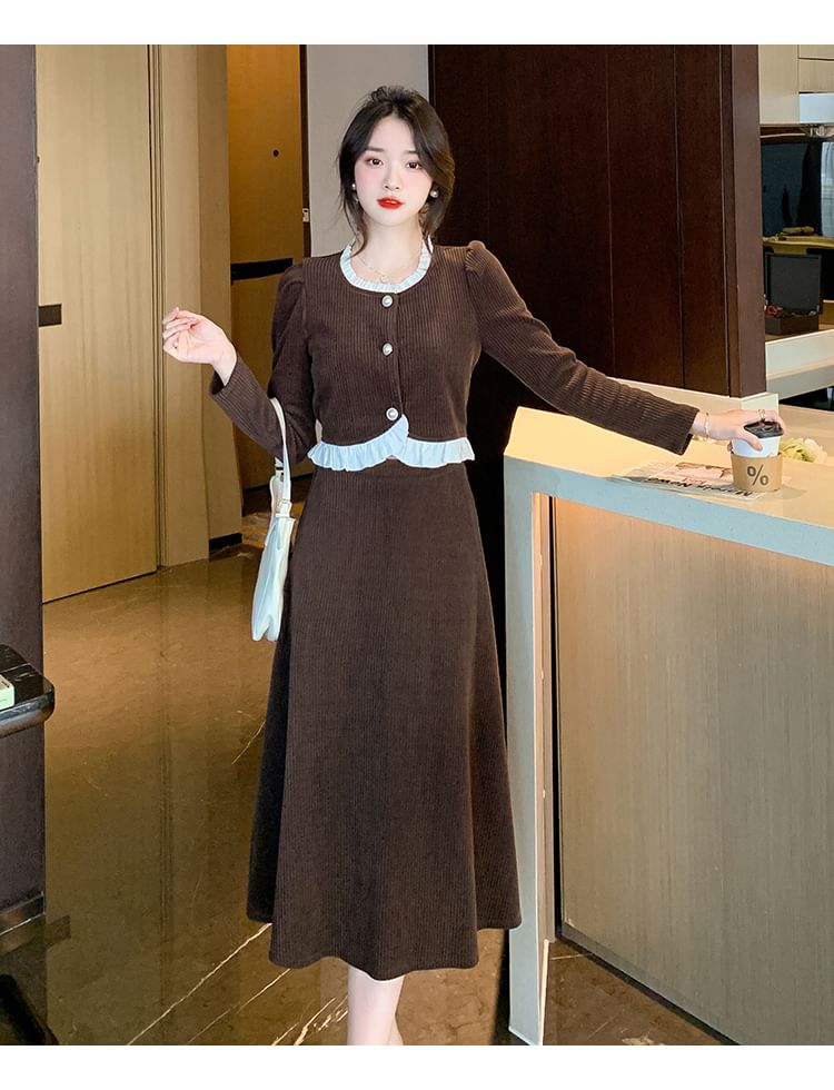 Ruffled Buttoned Corduroy Top and High Waist Midi A-Line Skirt Matching Set