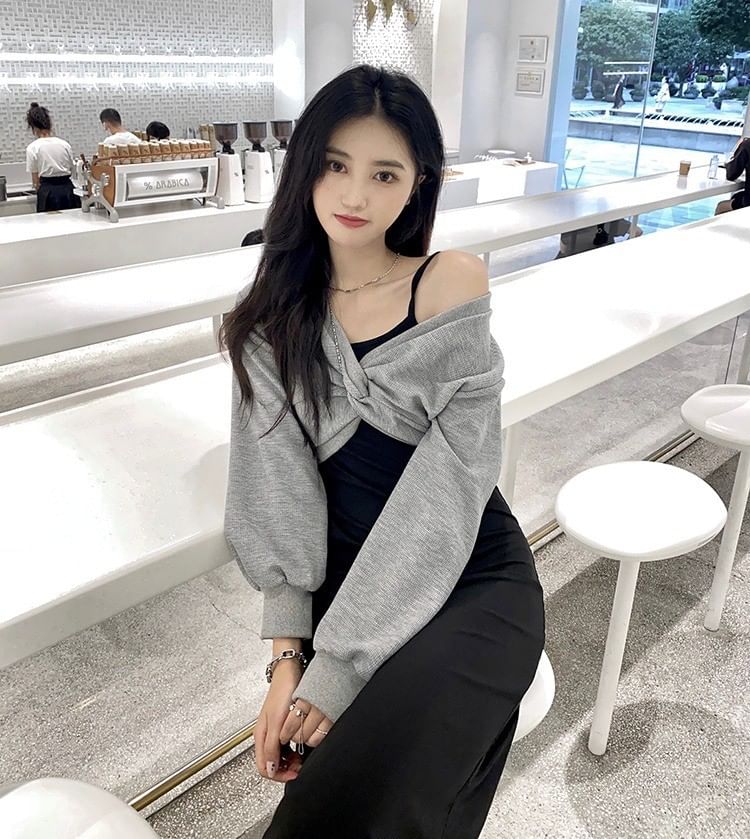 Set: Long Sleeve V-Neck Plain Twist Crop Top + Spaghetti Strap Plain Midi A-Line Dress