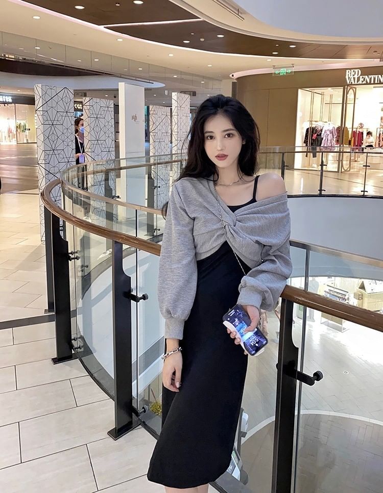 Set: Long Sleeve V-Neck Plain Twist Crop Top + Spaghetti Strap Plain Midi A-Line Dress