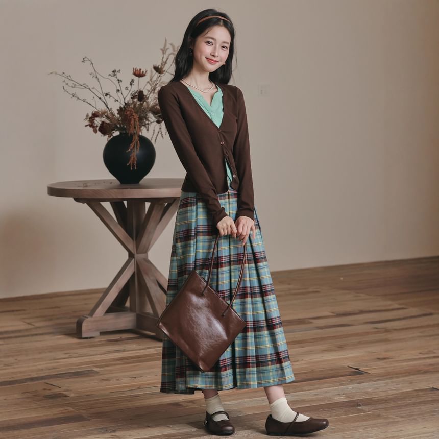 Notch Neck Two-Tone Cardigan & Plaid Pleated Midi Skirt Set