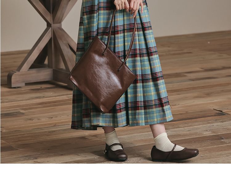 Notch Neck Two-Tone Cardigan & Plaid Pleated Midi Skirt Set