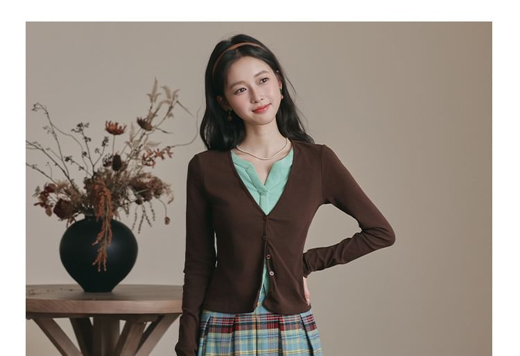 Notch Neck Two-Tone Cardigan & Plaid Pleated Midi Skirt Set