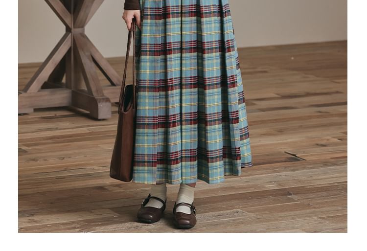 Notch Neck Two-Tone Cardigan & Plaid Pleated Midi Skirt Set