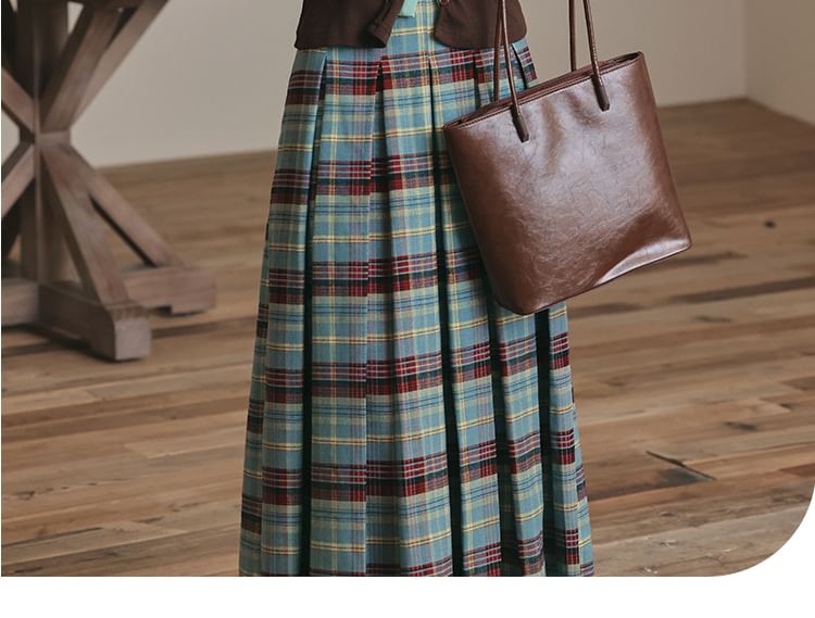 Notch Neck Two-Tone Cardigan & Plaid Pleated Midi Skirt Set