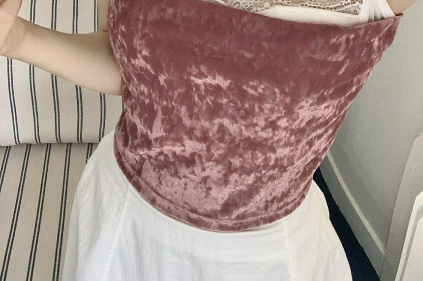 Velvet Cropped Camisole Top with Lace Panel and Slim Fit Silhouette