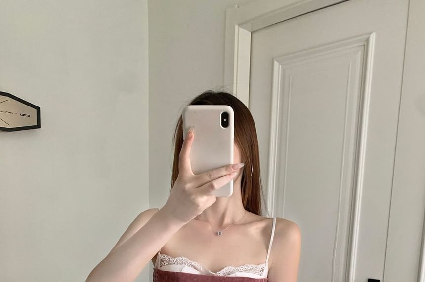 Velvet Cropped Camisole Top with Lace Panel and Slim Fit Silhouette